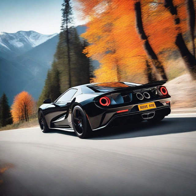 Create an image of the full side view of a black Ford GT with orange stripes driving on a mountainside