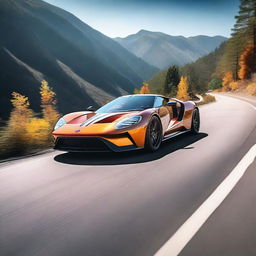 Create an image of the full side view of a black Ford GT with orange stripes driving on a mountainside