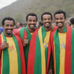 A group of Habesha men proudly wearing the Ethiopian flag colors, their bright smiles accentuating the vibrant red, green, and gold of their attire.