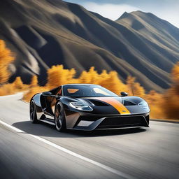 Create an image of the full side view of a black Ford GT with orange stripes driving on a mountainside