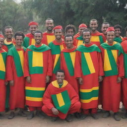 A group of Habesha men proudly wearing the Ethiopian flag colors, their bright smiles accentuating the vibrant red, green, and gold of their attire.