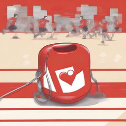 Create an image depicting a shared AED (Automated External Defibrillator) participating in a red track challenge cup