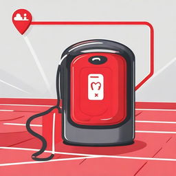 Create an image depicting a shared AED (Automated External Defibrillator) participating in a red track challenge cup