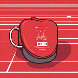 Create an image depicting a shared AED (Automated External Defibrillator) participating in a red track challenge cup