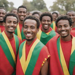 A group of Habesha men proudly wearing the Ethiopian flag colors, their bright smiles accentuating the vibrant red, green, and gold of their attire.