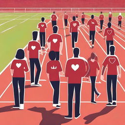 Create an image depicting the participation in the Challenge Cup Red Track with a focus on sharing AEDs