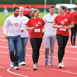 Create an image depicting the participation in the Challenge Cup Red Track with a focus on sharing AEDs