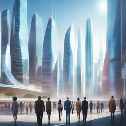 A futuristic cityscape on Earth, where a single global government has united all nations