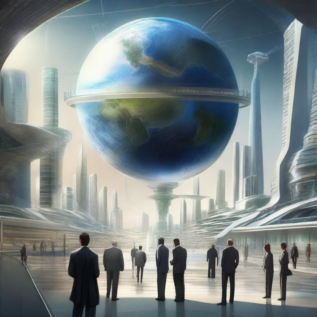 A futuristic depiction of Earth under a single global government, showcasing cosmopolitanism and metamodern principles