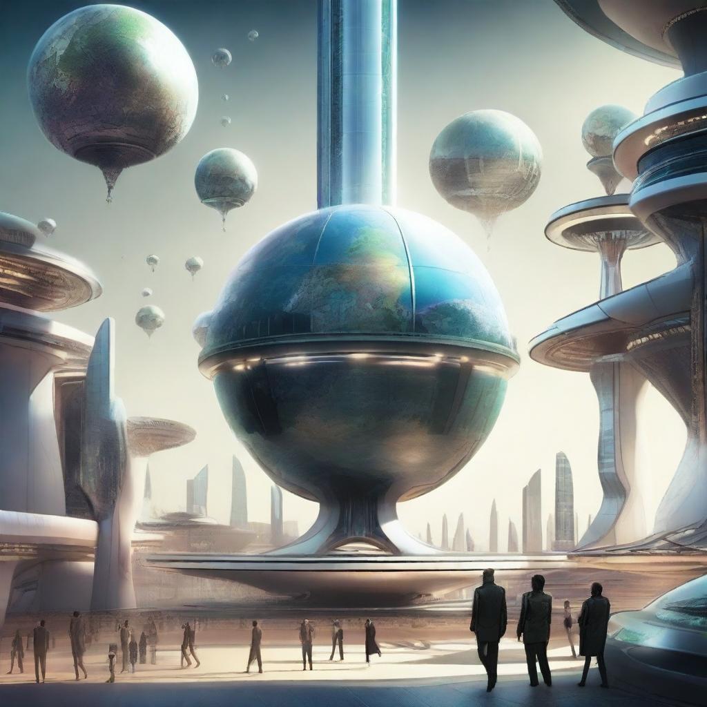 A futuristic depiction of Earth under a single global government, showcasing cosmopolitanism and metamodern principles