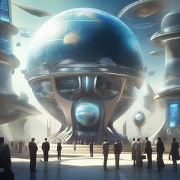 A futuristic depiction of Earth under a single global government, showcasing cosmopolitanism and metamodern principles