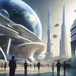 A futuristic depiction of Earth under a single global government, showcasing cosmopolitanism and metamodern principles