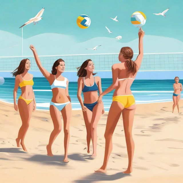 A scene of girls in bikinis playing volleyball on a sunny beach