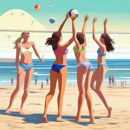 A scene of girls in bikinis playing volleyball on a sunny beach