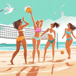 A scene of girls in bikinis playing volleyball on a sunny beach