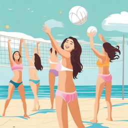 A scene of girls in bikinis playing volleyball on a sunny beach