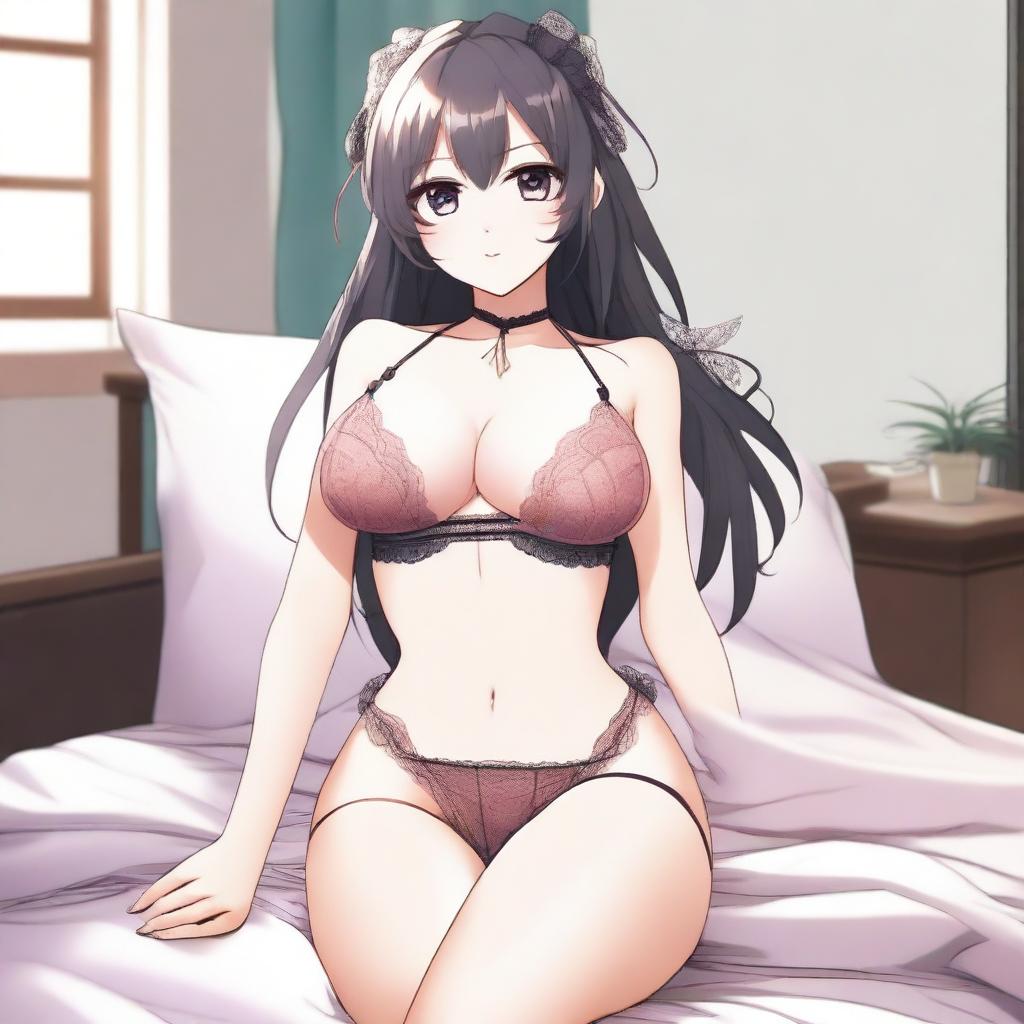 Anime style waifu character in lingerie, featuring a sexy and alluring pose