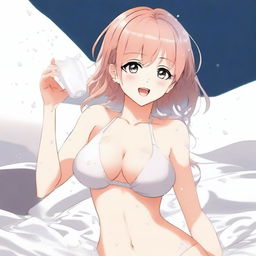 Anime style waifu character in a sexy pose, blushing with milk splashed on her face