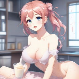 Anime style waifu character in a sexy pose, blushing with milk splashed on her face