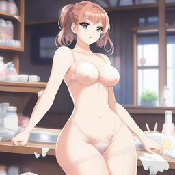 Anime style waifu character in a sexy pose, wearing lingerie soaked in milk