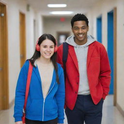 A fair-skinned woman with black hair tied back, wearing a red blazer, and a tan-skinned man wearing blue headphones and a blue hoodie, walking together in a school corridor.