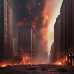 A dramatic scene of a city engulfed in flames, with tall buildings ablaze and smoke billowing into the sky