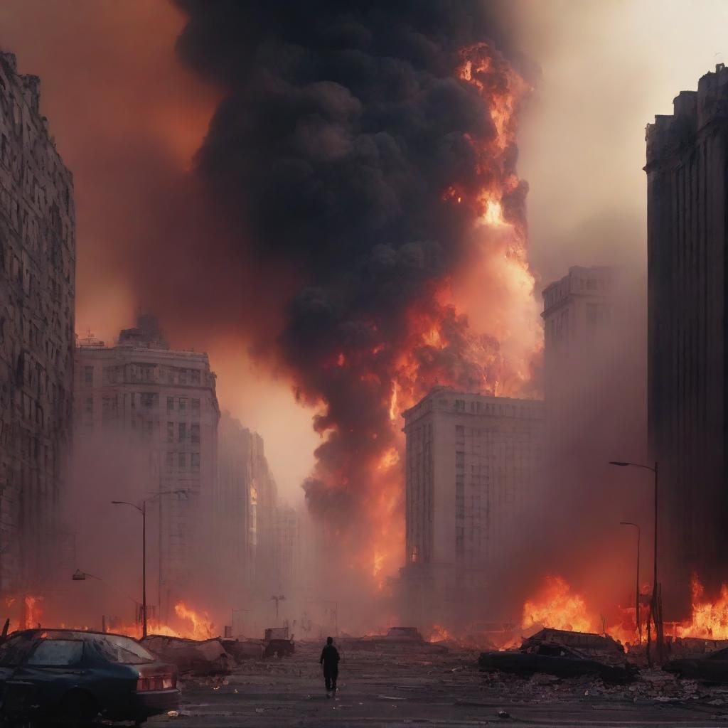 A dramatic scene of a city engulfed in flames, with tall buildings ablaze and smoke billowing into the sky