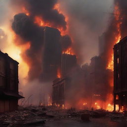 A dramatic scene of a city engulfed in flames, with tall buildings ablaze and smoke billowing into the sky