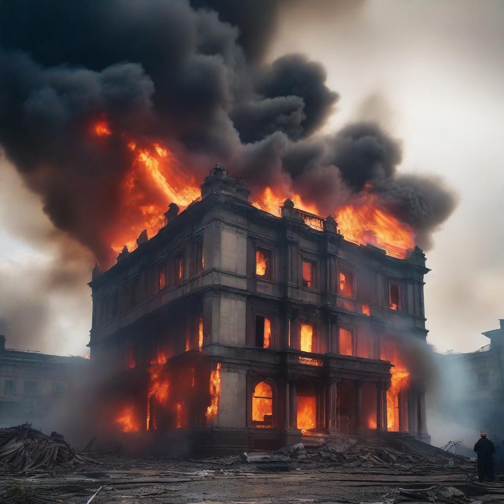 A dramatic scene of a building engulfed in flames, with fire consuming its structure and thick smoke rising into the sky