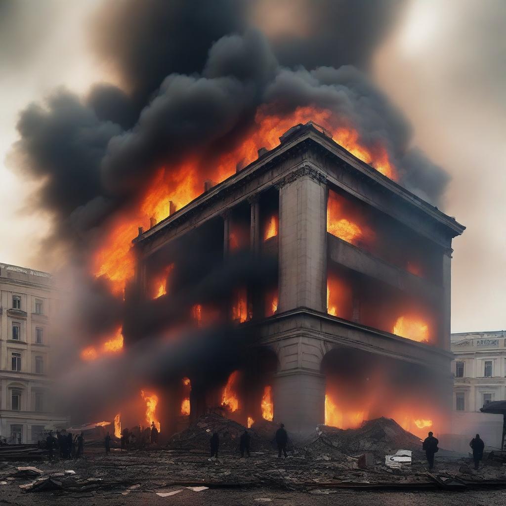 A dramatic scene of a building engulfed in flames, with fire consuming its structure and thick smoke rising into the sky