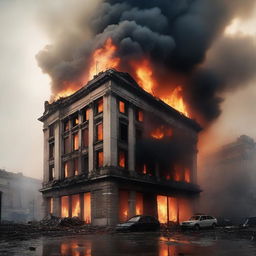 A dramatic scene of a building engulfed in flames, with fire consuming its structure and thick smoke rising into the sky