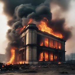 A dramatic scene of a building engulfed in flames, with fire consuming its structure and thick smoke rising into the sky