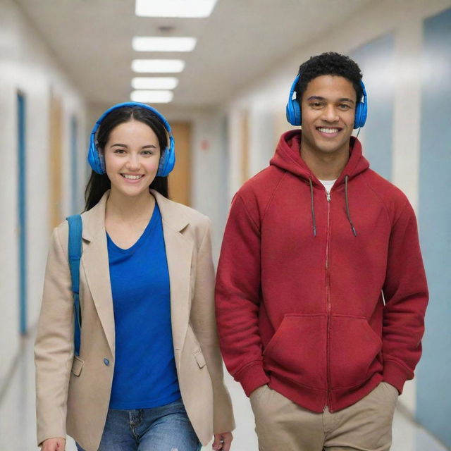 A fair-skinned woman with black hair tied back, wearing a red blazer, and a tan-skinned man wearing blue headphones and a blue hoodie, walking together in a school corridor.