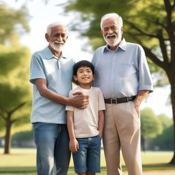 A heartwarming scene featuring an old man standing in the middle of his two sons