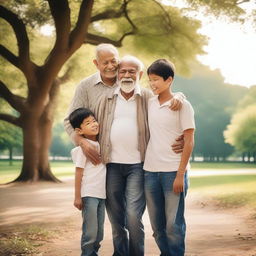 A heartwarming scene featuring an old man standing in the middle of his two sons