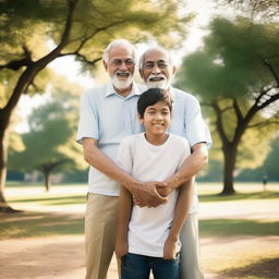 A heartwarming scene featuring an old man standing in the middle of his two sons