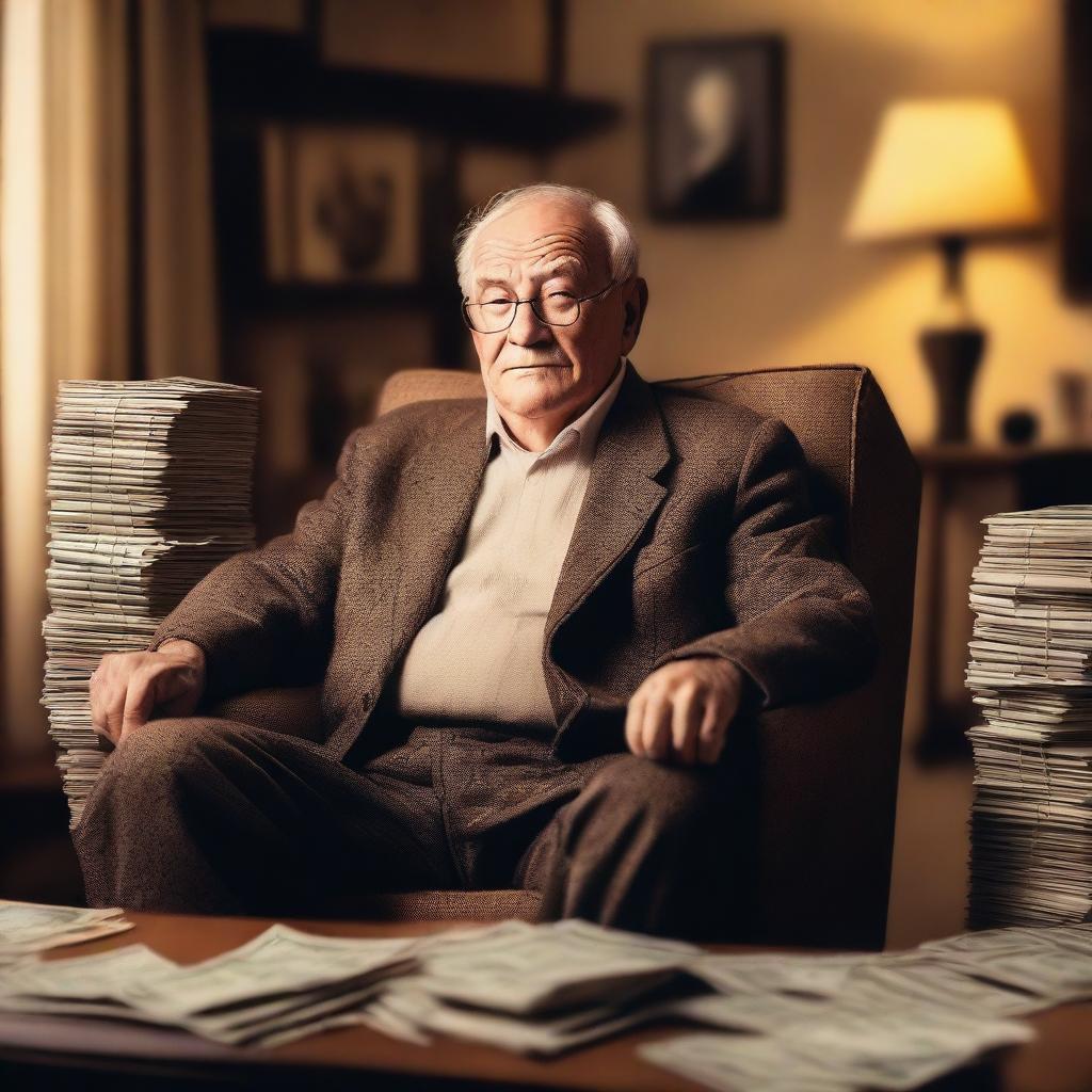 An old man sitting comfortably in a chair, surrounded by stacks of money