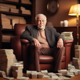 An old man sitting comfortably in a chair, surrounded by stacks of money