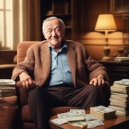 An old man sitting comfortably in a chair, surrounded by stacks of money