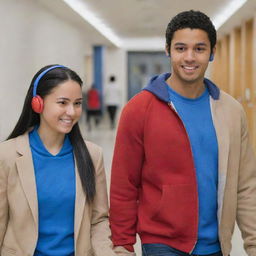 A fair-skinned woman with black hair tied back, wearing a red blazer, and a tan-skinned man wearing blue headphones and a blue hoodie, walking together in a school corridor.