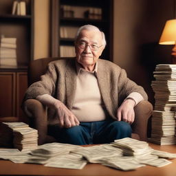 An old man sitting comfortably in a chair, surrounded by stacks of money