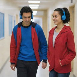 A fair-skinned woman with black hair tied back, wearing a red blazer, and a tan-skinned man wearing blue headphones and a blue hoodie, walking together in a school corridor.