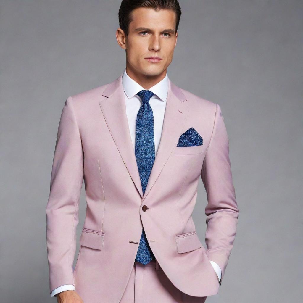 Design stylish men's suits in dark pastel shades. They should exude elegance and sophistication while maintaining a modern edge, matched with complementing shirts and ties.