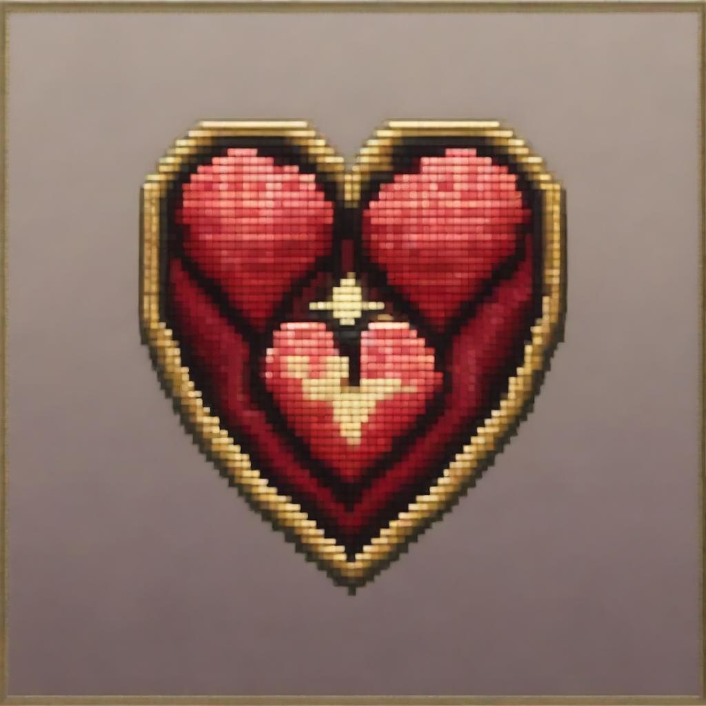 A pixel art medallion with an engraving of two hearts