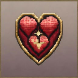 A pixel art medallion with an engraving of two hearts