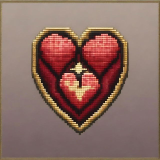 A pixel art medallion with an engraving of two hearts