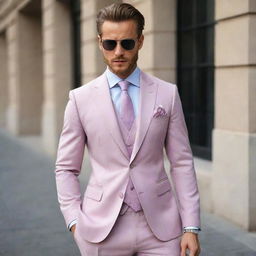 Design stylish men's suits in dark pastel shades. They should exude elegance and sophistication while maintaining a modern edge, matched with complementing shirts and ties.