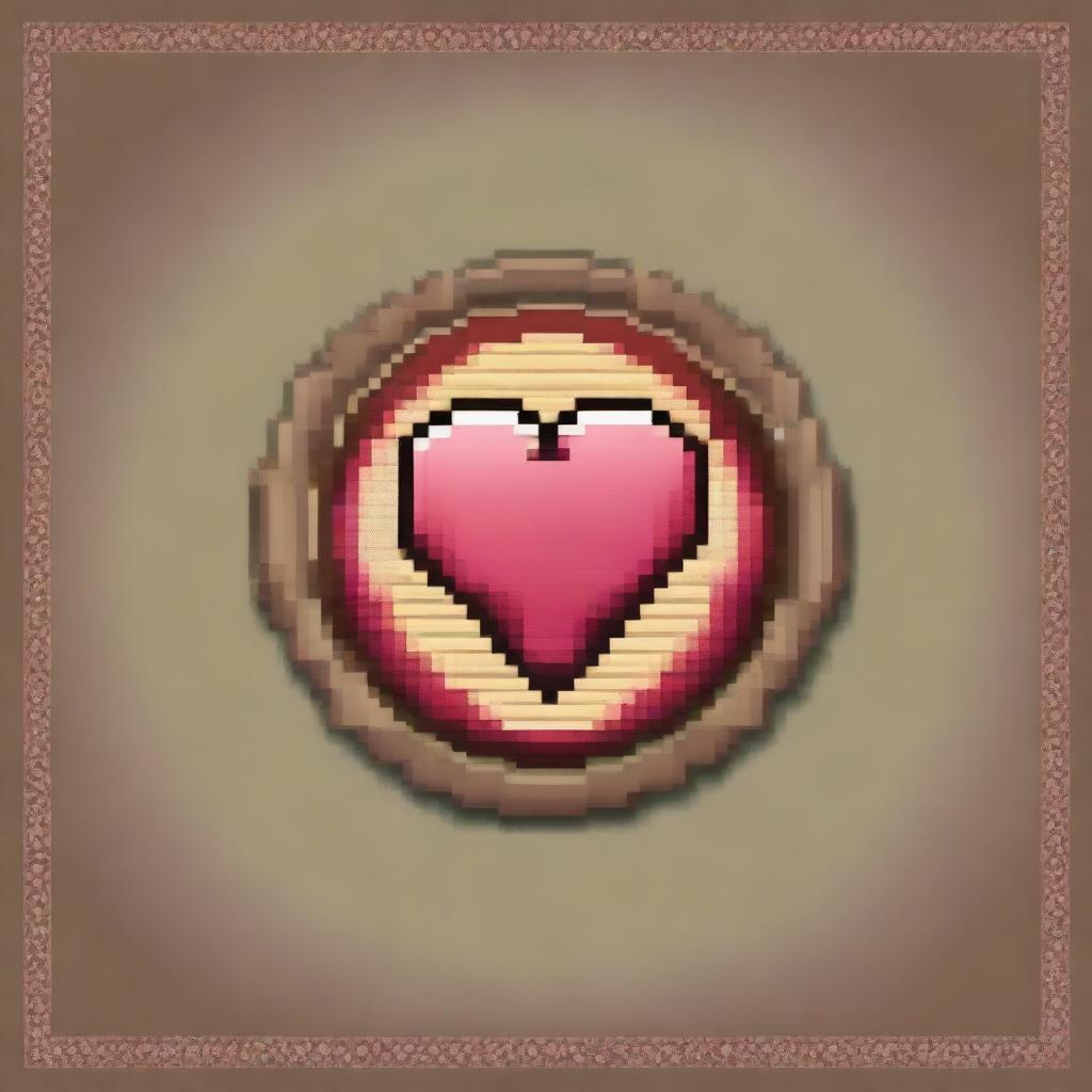 A pixel art style round medallion with two engraved hearts