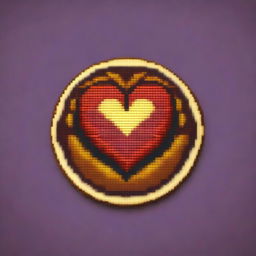 A pixel art style round medallion with two engraved hearts