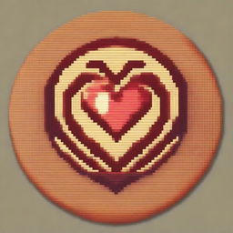 A pixel art style round medallion with two engraved hearts